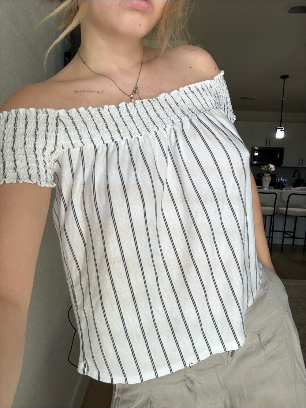 American Eagle Outfitters White Off-Shoulder Striped Camisole